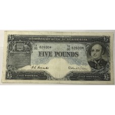 AUSTRALIA 1954 . FIVE 5 POUNDS BANKNOTE . COOMBS/WILSON . FIRST PREFIX TA00